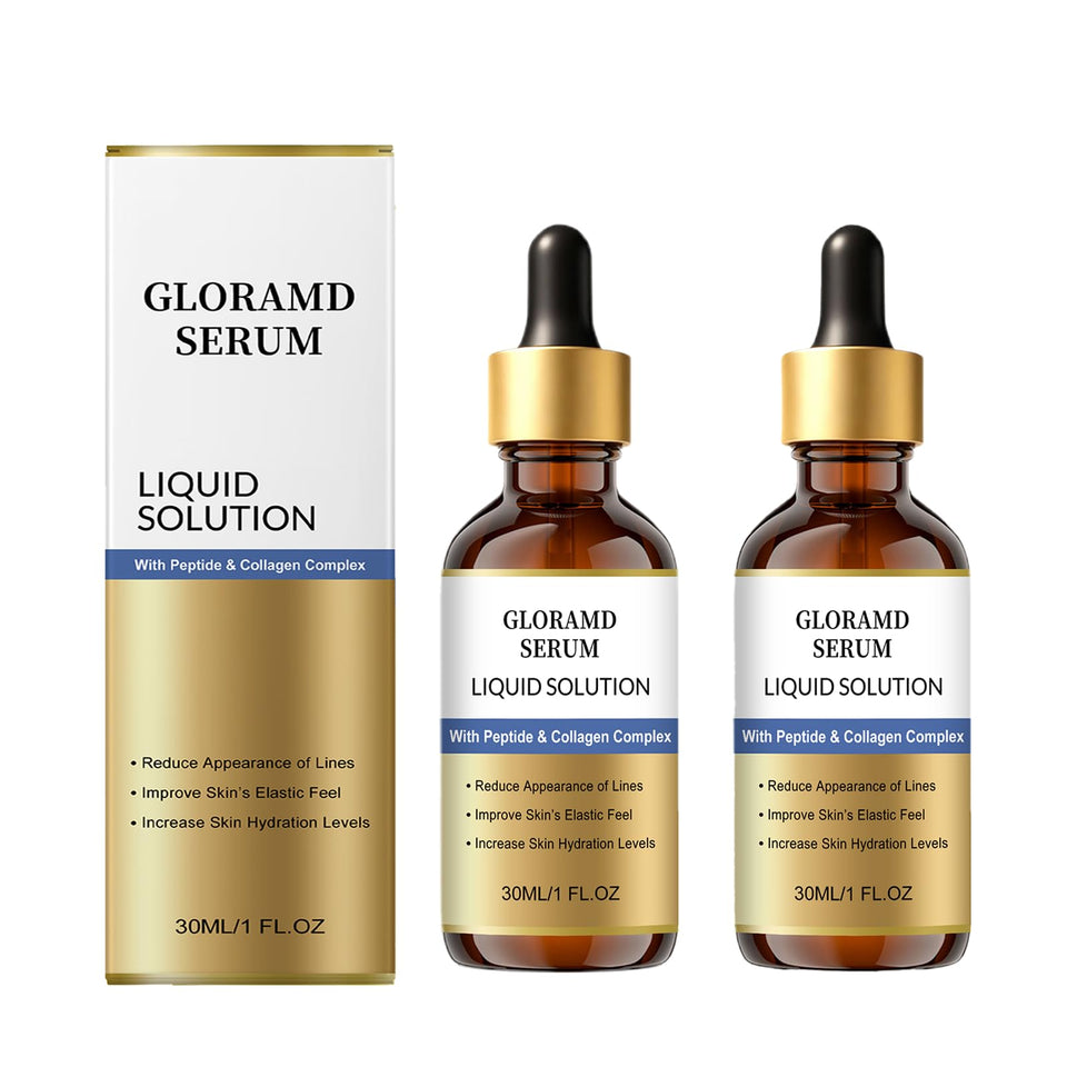 Gloramd front view of two serum bottles showing sleek packaging and value