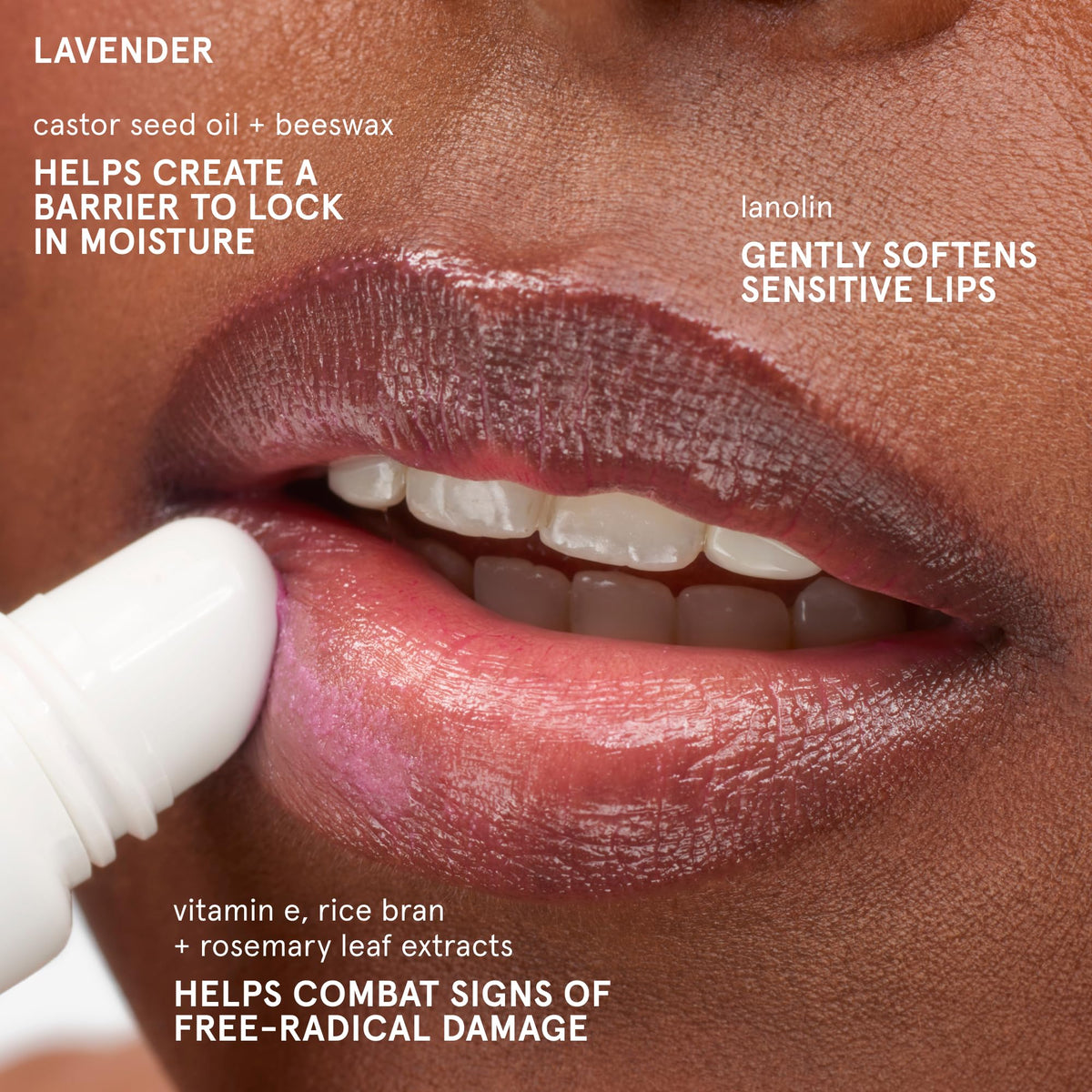 Glossier Balm Dotcom applied to lips displaying smooth moisturized finish
