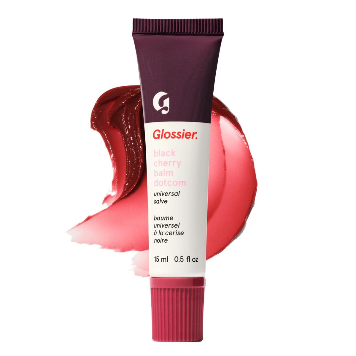 glossier Black Cherry tube front view showing sleek packaging and portable design