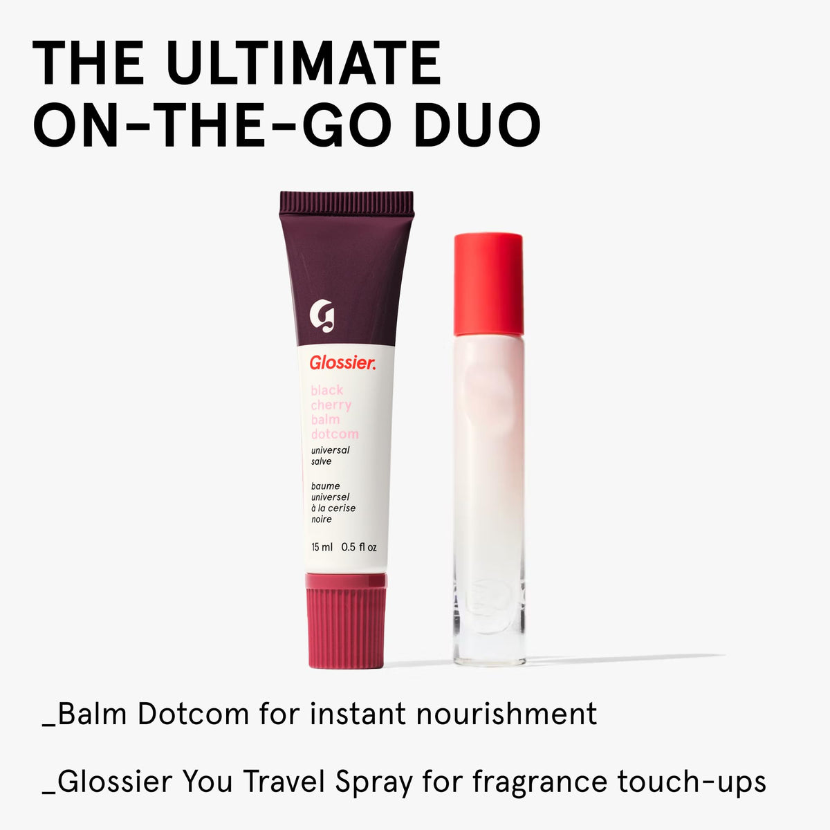 glossier Black Cherry lifestyle flatlay with other essentials showing everyday usefulness