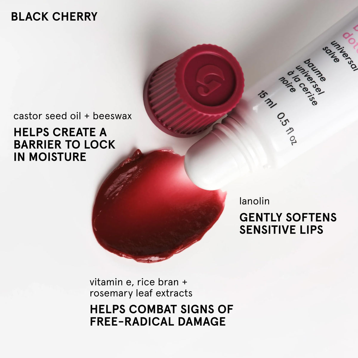 glossier Black Cherry applied on lips close-up showing glossy berry color and comfort