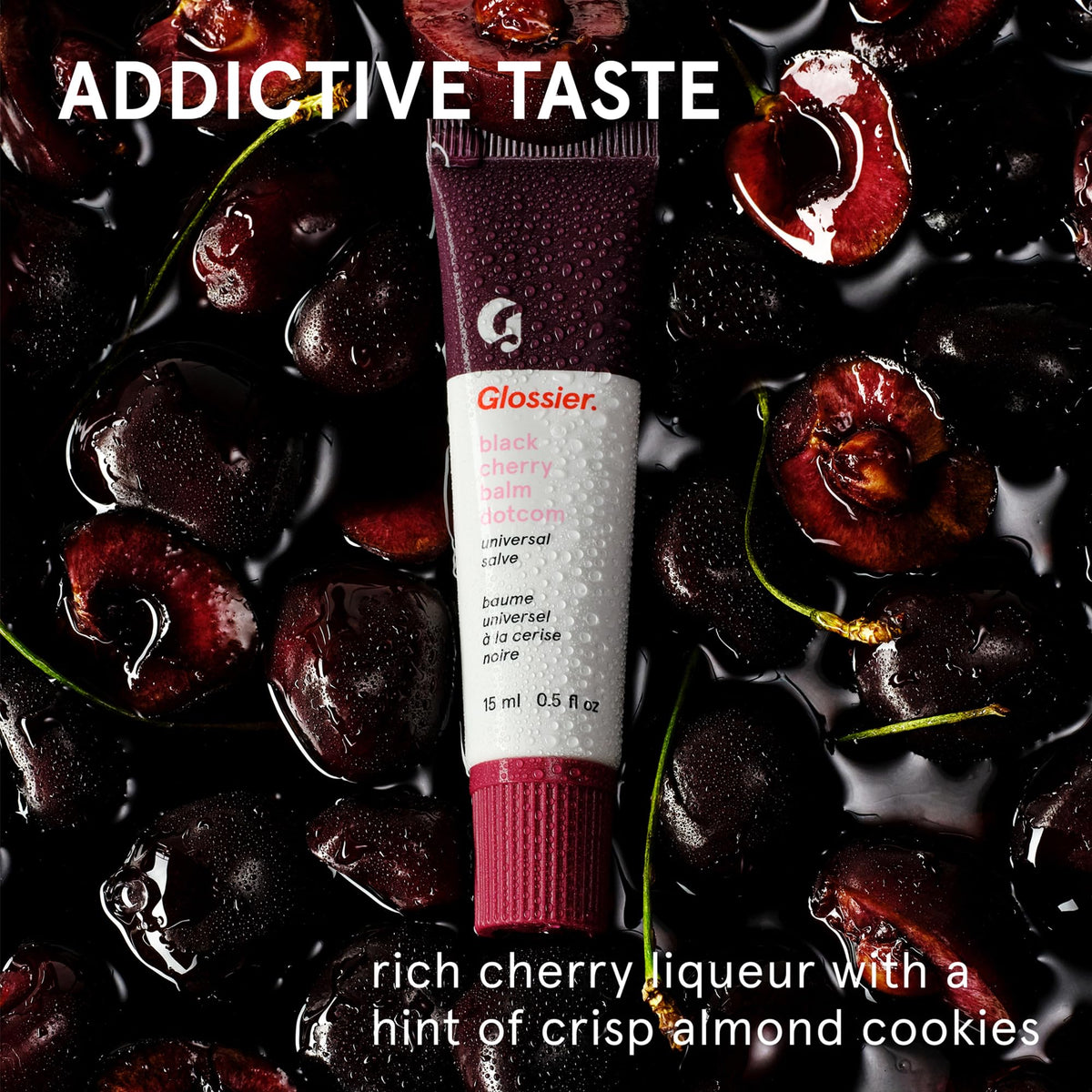 glossier Black Cherry swatch on hand showing burgundy tint and smooth hydration