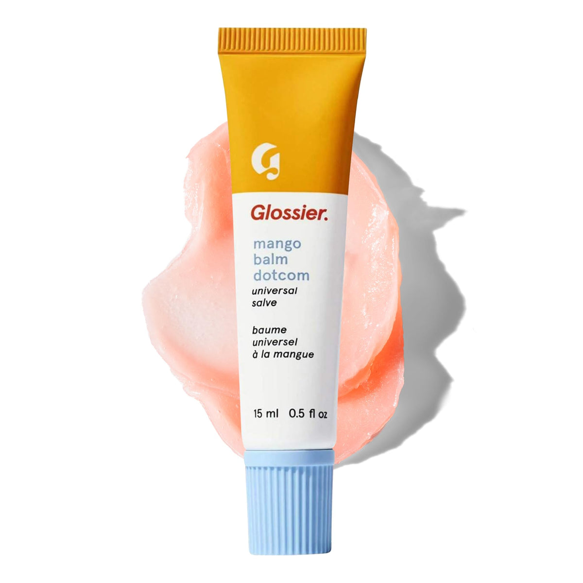 Glossier balm dotcom front tube showing product and mango scent benefit