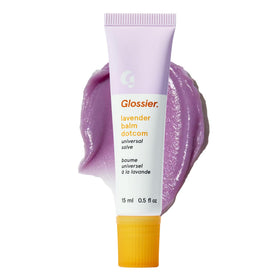 Glossier Balm Dotcom front tube showing lilac tint and compact size benefit