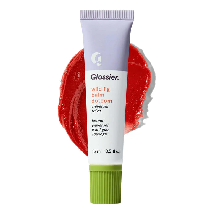 Glossier Balm Dotcom front tube shows coral tint and travel-friendly size benefits