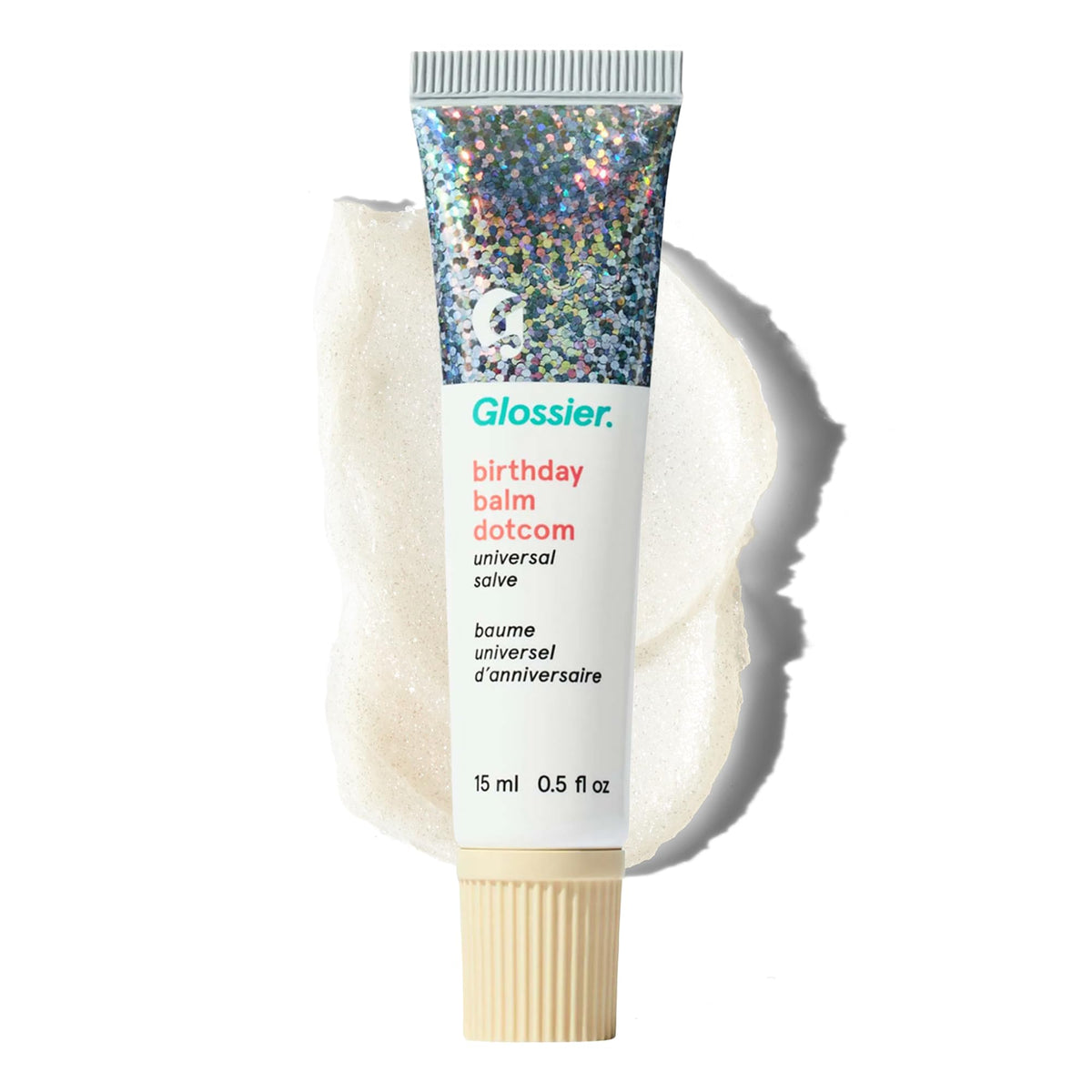 Glossier Balm Dotcom front tube showing Birthday packaging and convenient size