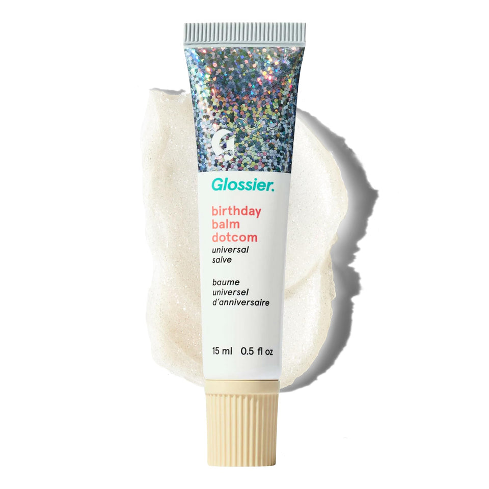 Glossier Balm Dotcom front tube showing Birthday packaging and convenient size