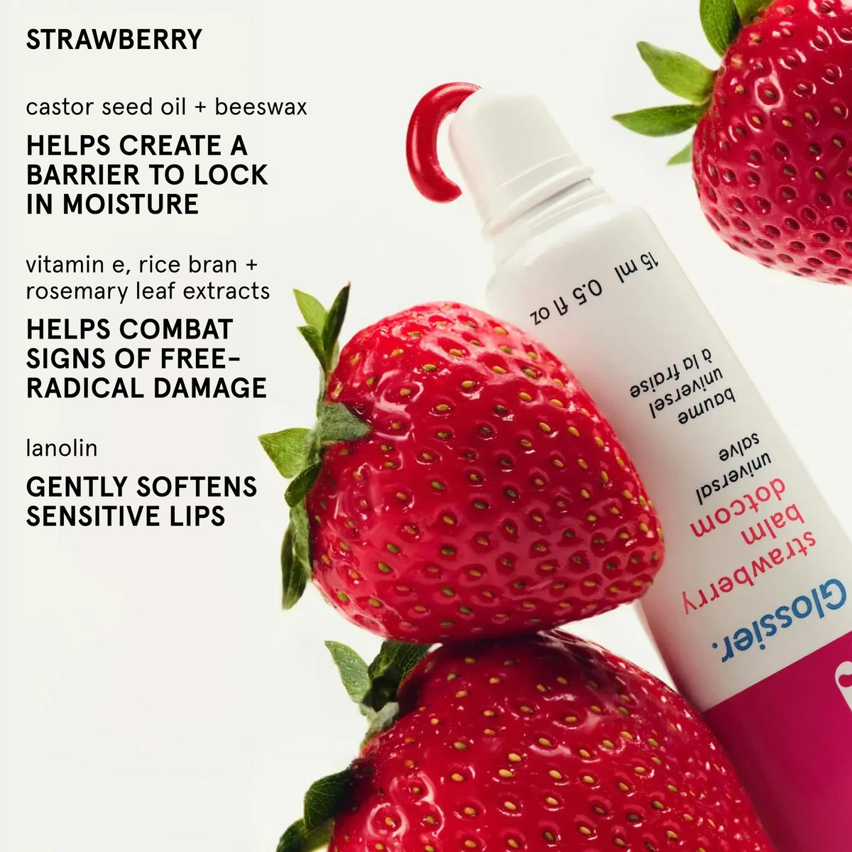 Before and after lips using Glossier Balm Dotcom strawberry tint for subtle pink color