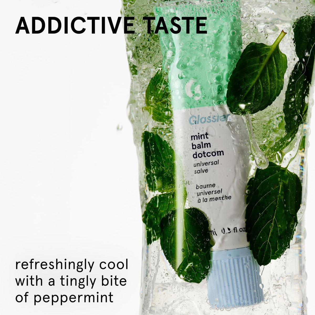 Glossier balm dotcom mint label close-up highlighting ingredients and benefits