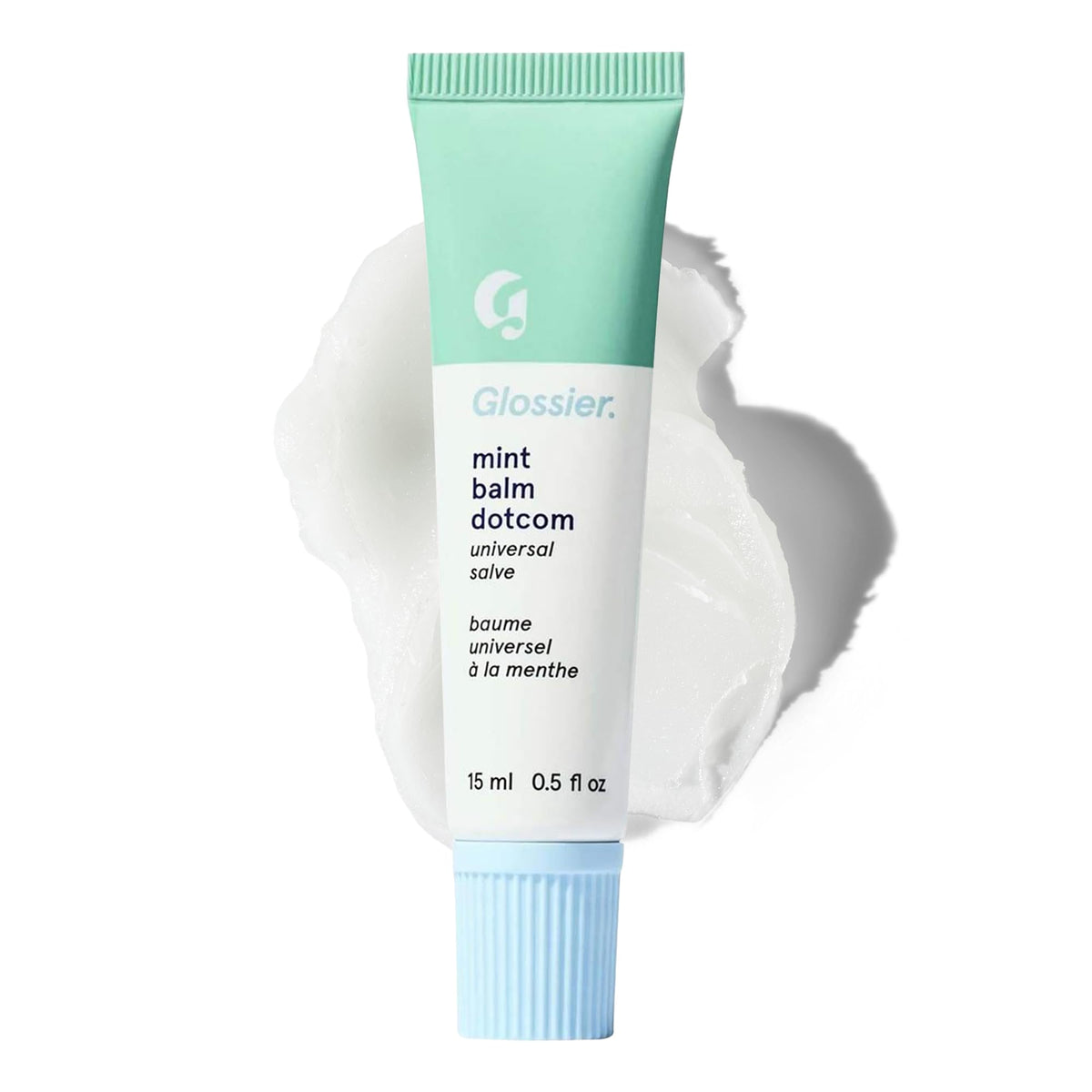 Glossier balm dotcom mint front tube shows compact travel-friendly packaging