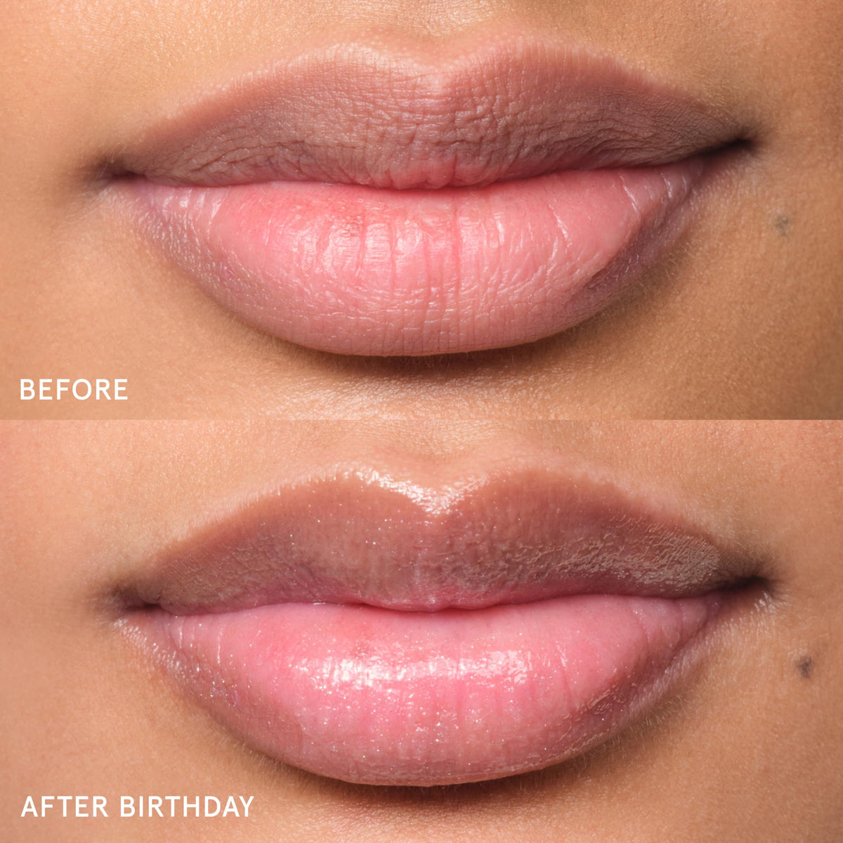 Glossier Balm Dotcom on lips showing hydrated, natural-looking finish