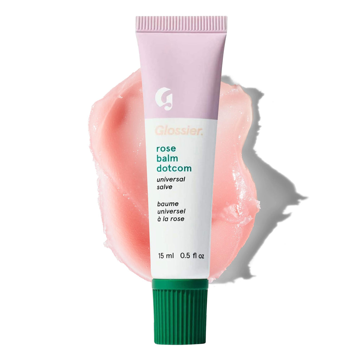 Glossier Balm Dotcom rose front tube showing compact design and moisture benefit