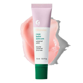 Glossier Balm Dotcom rose front tube showing compact design and moisture benefit