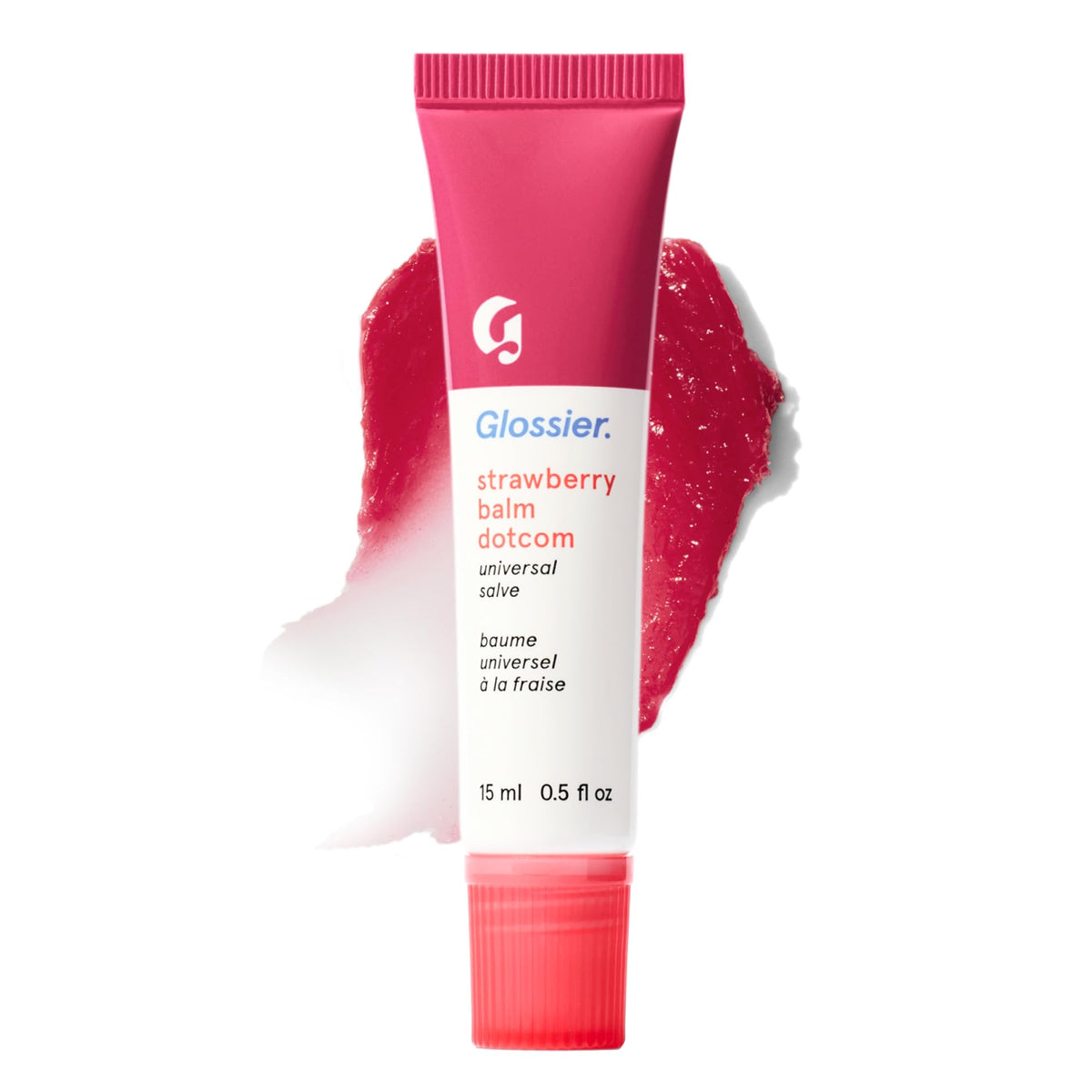 Glossier Balm Dotcom strawberry tube front view showing glossy finish and compact size