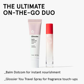 Glossier balm dotcom in a small bag showing travel-friendly, TSA-safe tube