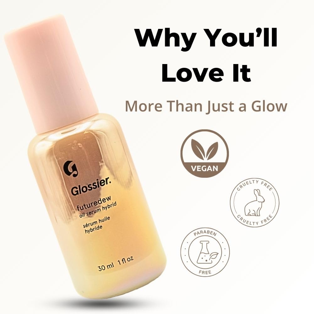 Glossier Futuredew applied on cheekbone giving Glossier a radiant, sculpted highlight