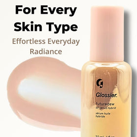 Glossier Futuredew poured onto hand displaying hydrating oil-serum and dewy sheen