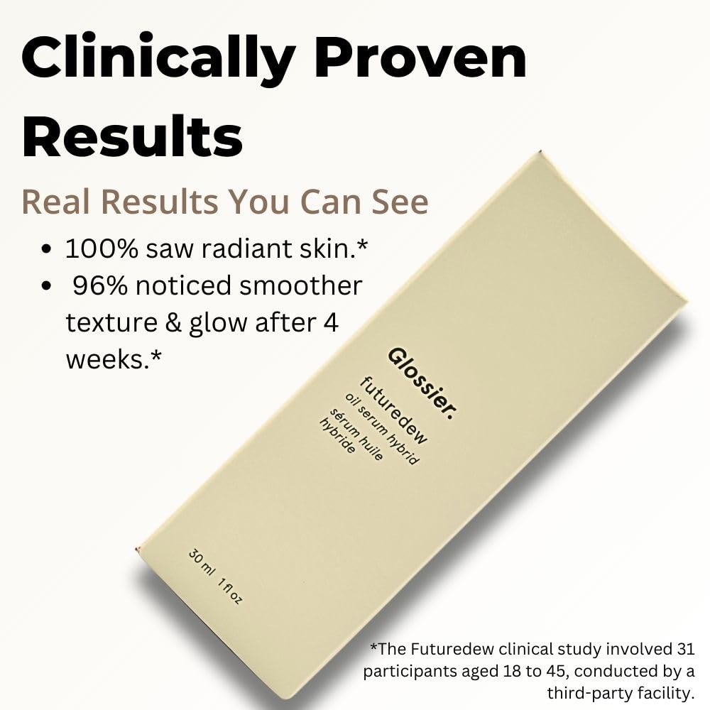 Glossier Futuredew next to ruler showing 1 fl oz size and travel-friendly convenience