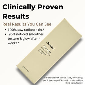 Glossier Futuredew next to ruler showing 1 fl oz size and travel-friendly convenience