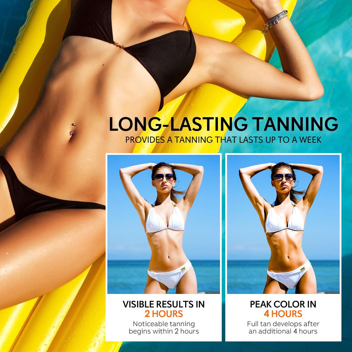 Glossiva before and after on arm displaying natural sunless bronze result