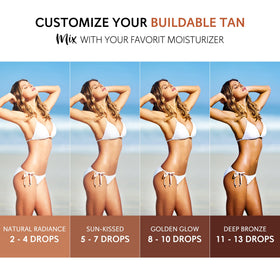 Glossiva dropper detail dispensing golden drops for customizable tan intensity