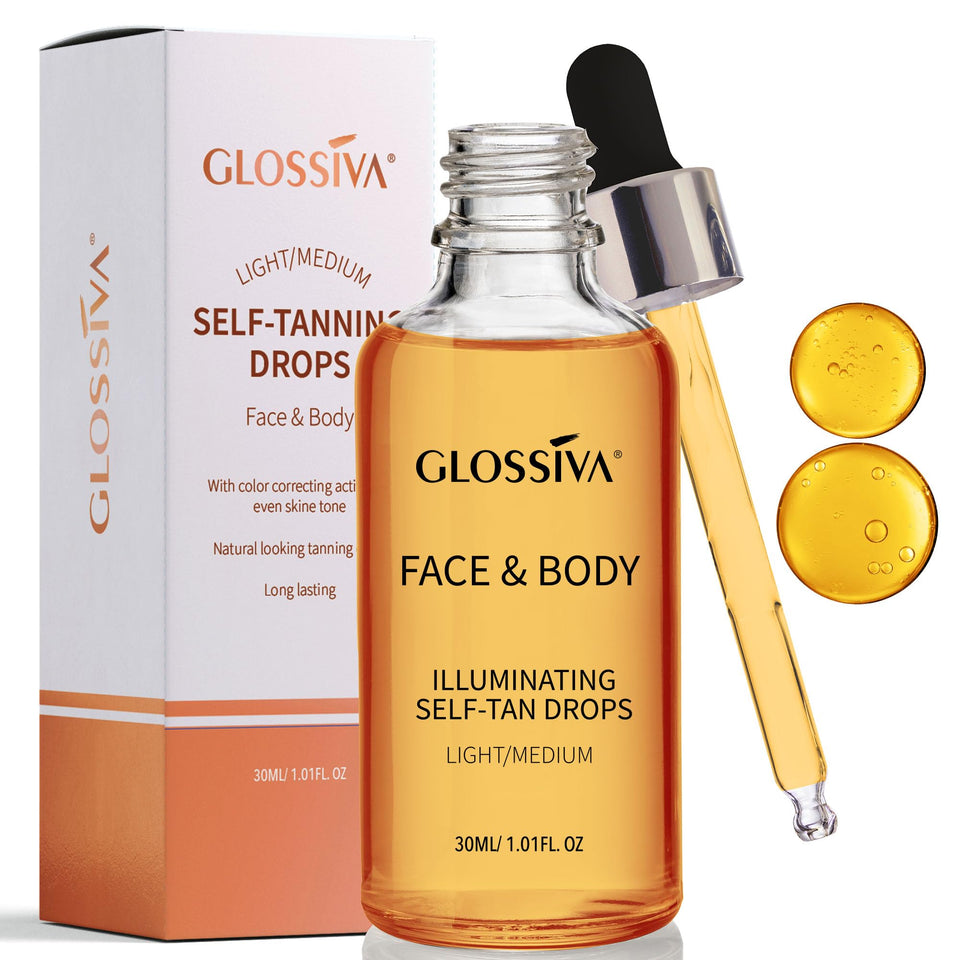 Glossiva front packaging bottle shows branding and dropper for precise dosing