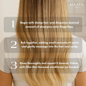 Glov Beauty bottle next to hand showing real size and travel-friendly benefit