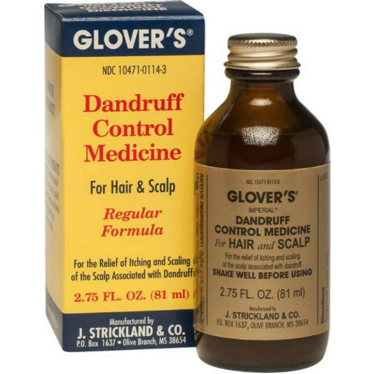 Glover's front tube label visible showing product and flake-control benefit