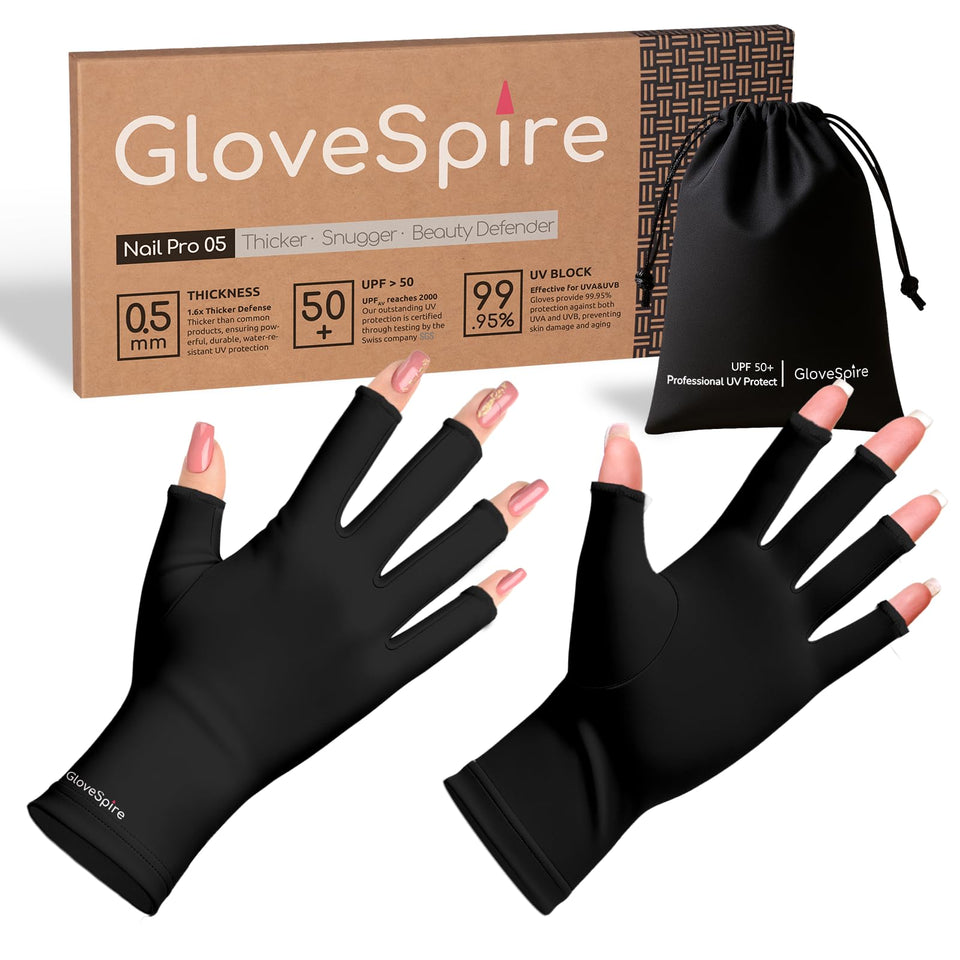 GloveSpire front packaging showing fingerless UV gloves and pouch for travel protection