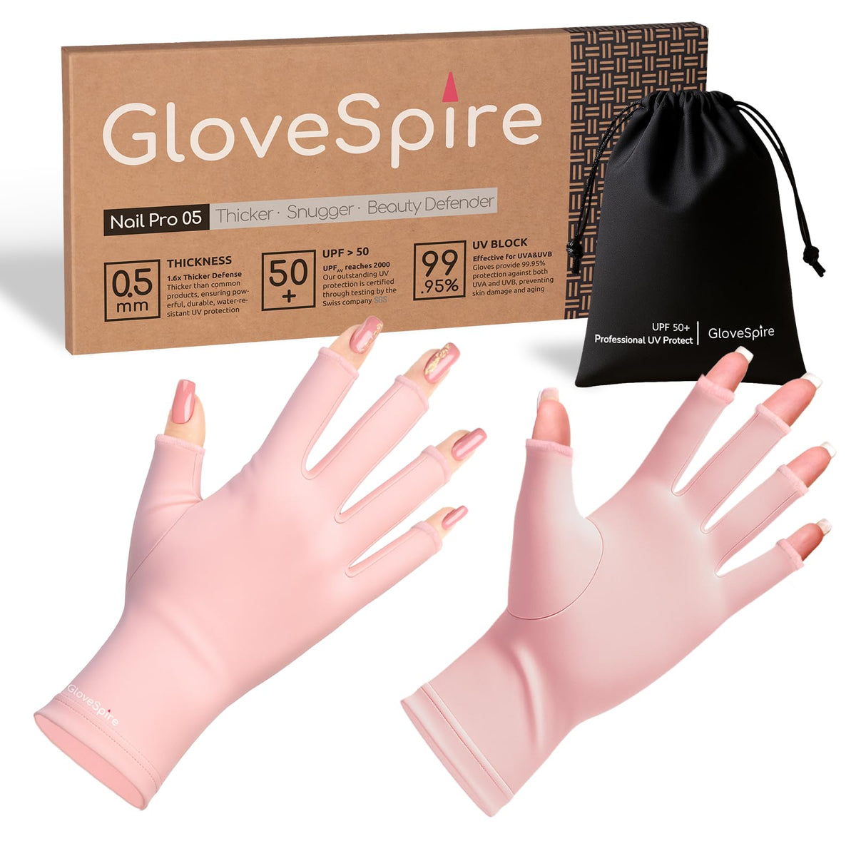 GloveSpire front packaging blush pink showing product and benefits