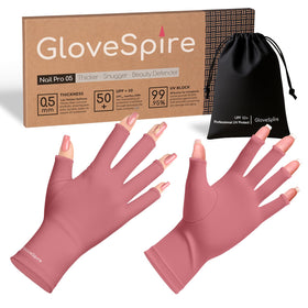 GloveSpire front packaging showing dusky rose gloves and pouch, protective convenience