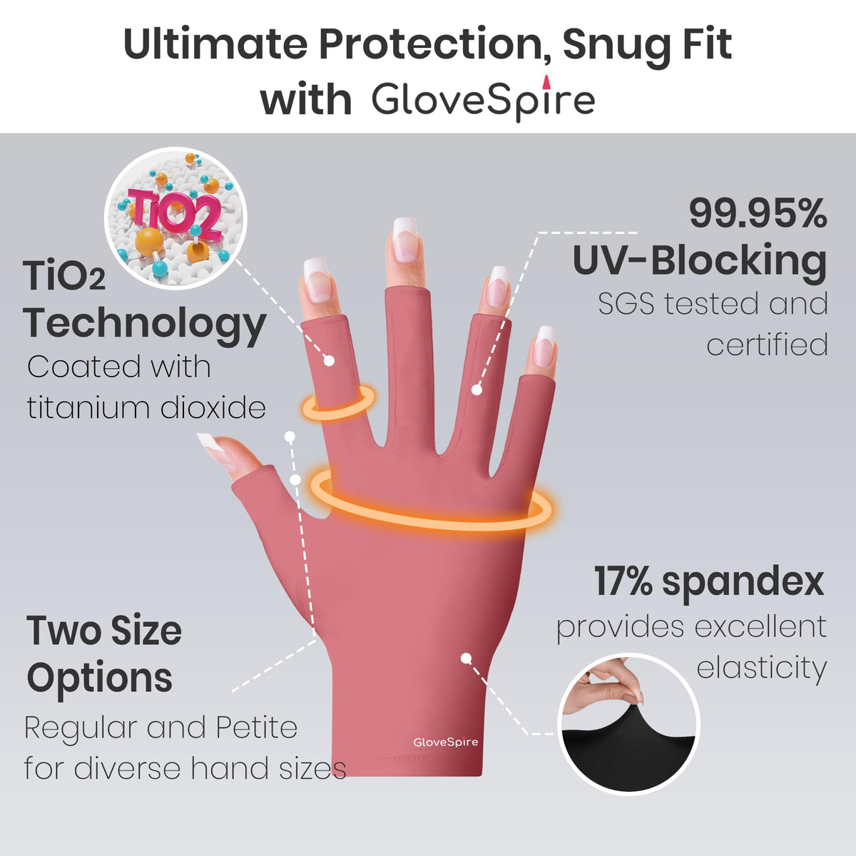 GloveSpire gloves worn on a hand for size scale, demonstrating snug, non-slip fit