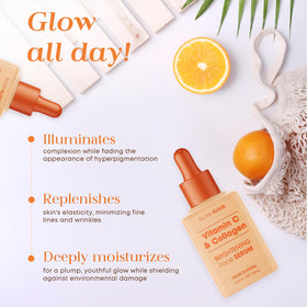 Glow Elixir product label closeup listing Vitamin C collagen ingredients