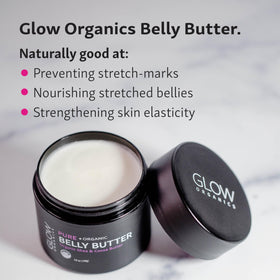 Glow Organics in-use applying butter to a pregnant belly for soothing hydration benefit