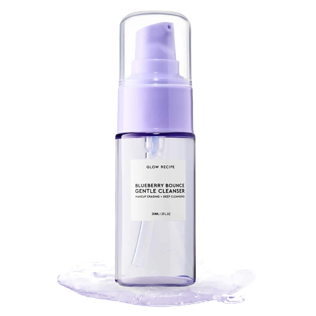 Glow Recipe travel cleanser front view showing compact 30ml bottle and branding benefits