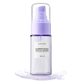 Glow Recipe travel cleanser front view showing compact 30ml bottle and branding benefits