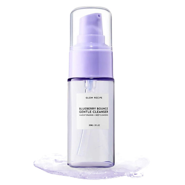 Glow Recipe travel cleanser front view showing compact 30ml bottle and branding benefits
