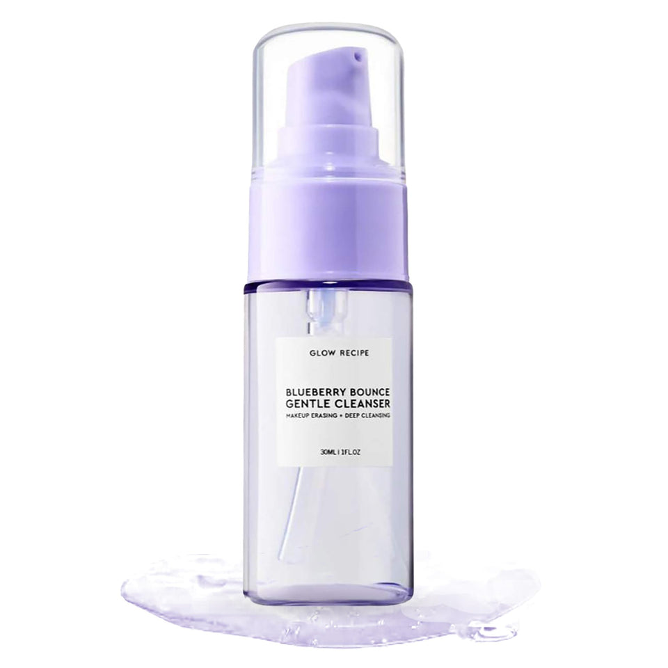 Glow Recipe travel cleanser front view showing compact 30ml bottle and branding benefits