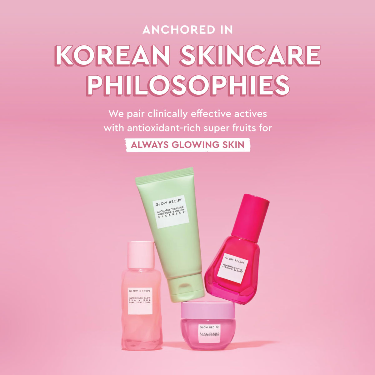 Glow Recipe bottle staged with other skincare to show layering benefit