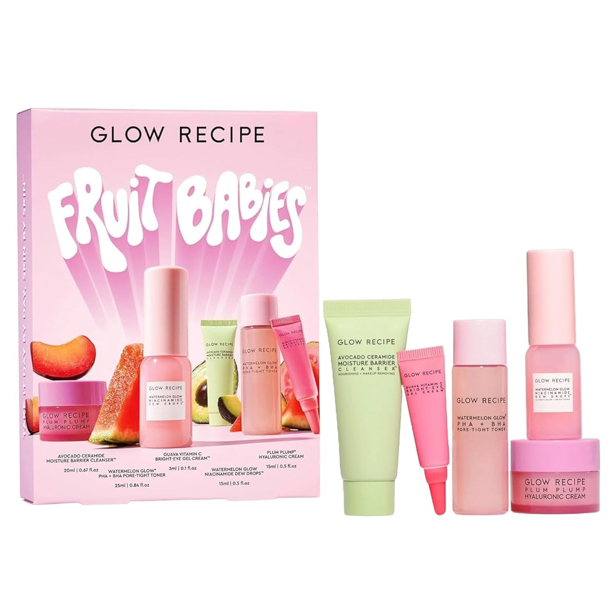 Glow Recipe front packaging of Fruit Babies kit showing complete travel set and gifting appeal