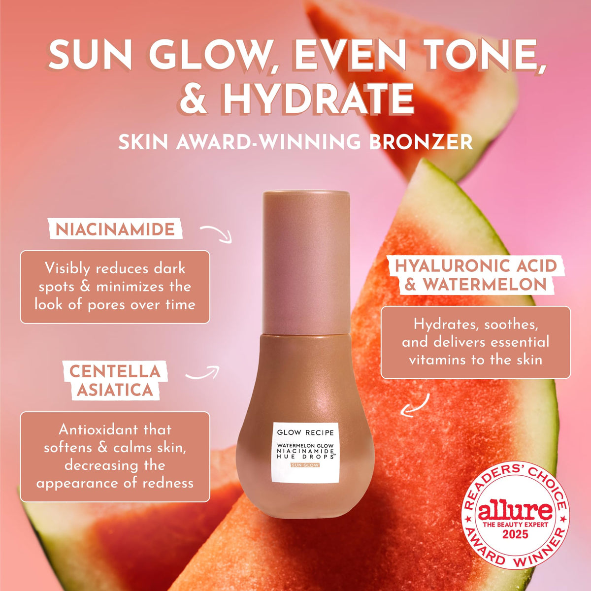 Glow Recipe Hue Drops dropper releasing a single bronze drop for precise application