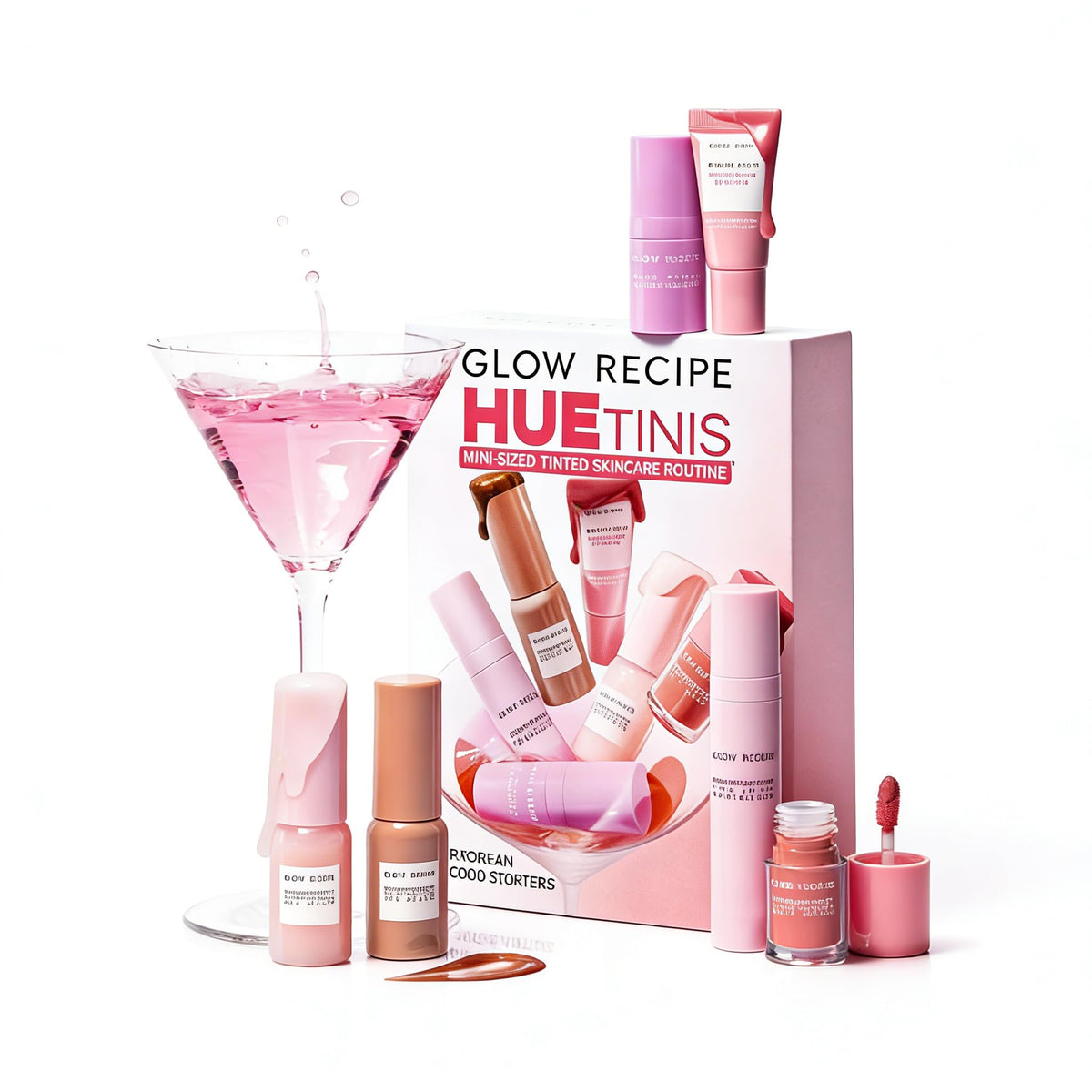 Glow Recipe front packaging of HueTinis kit showing compact travel set and benefits