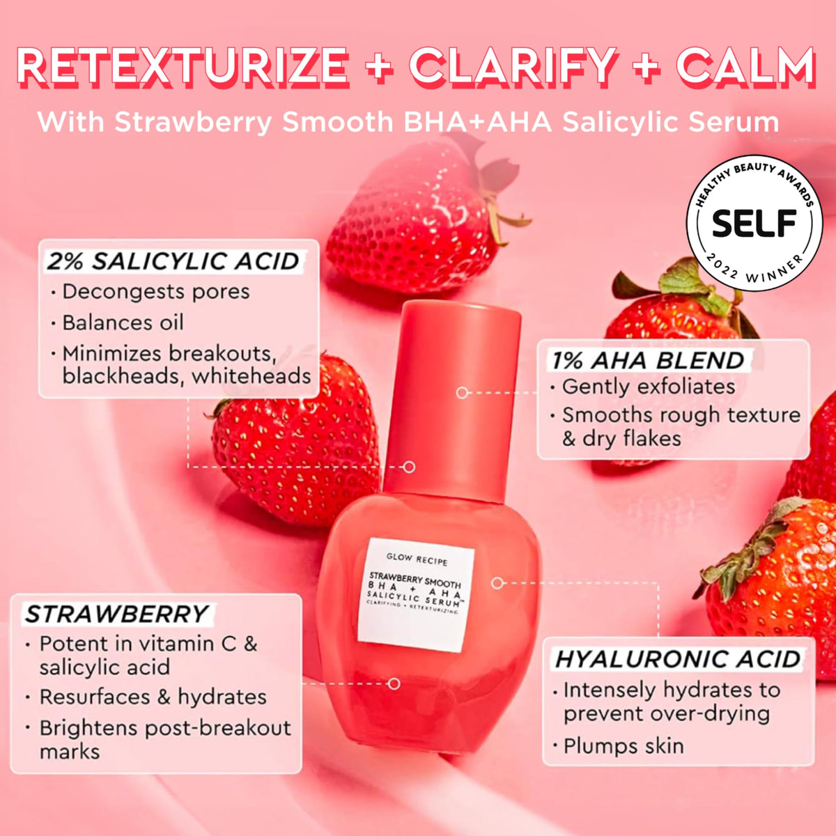 Glow Recipe ingredient label detail, highlights acids and soothing botanicals benefit