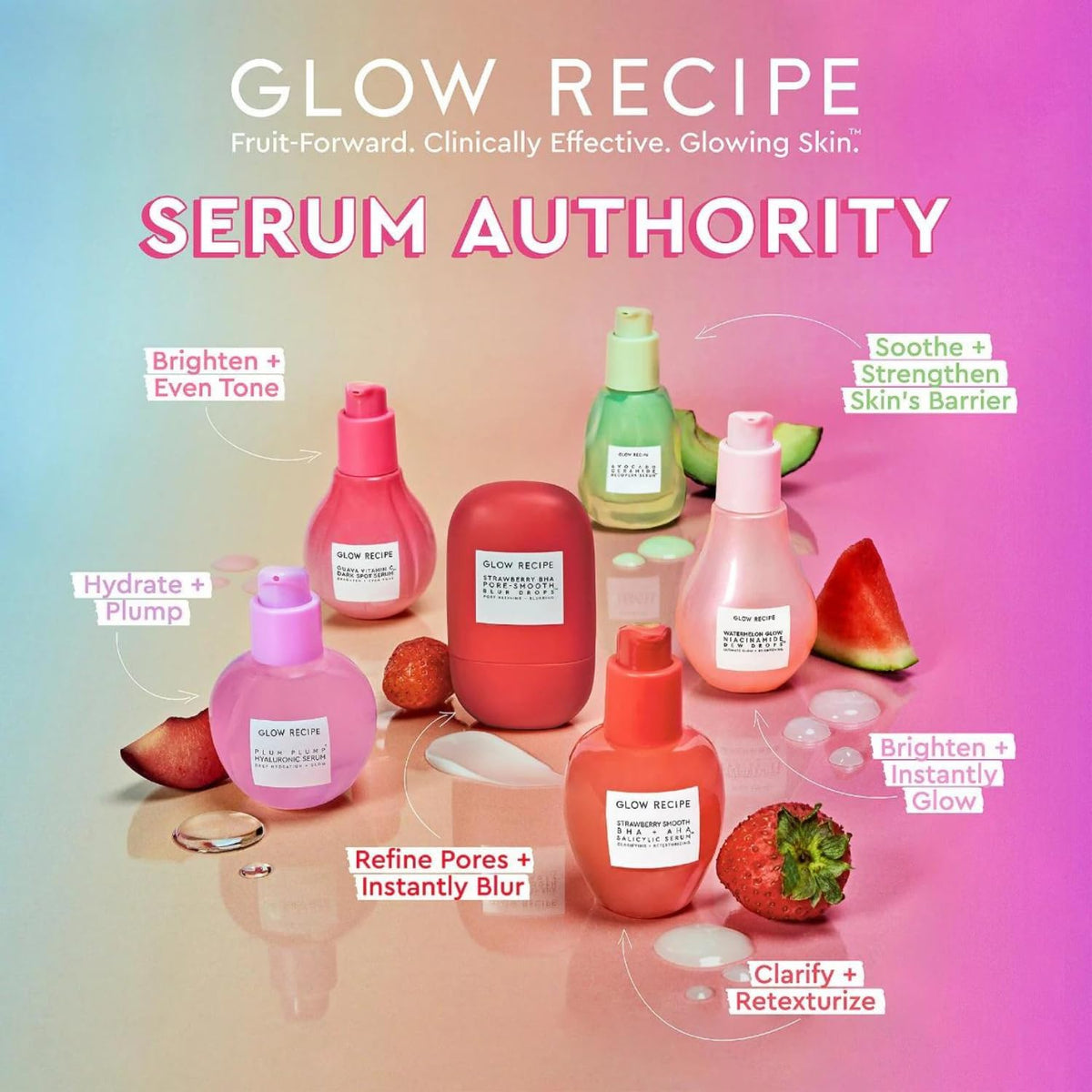 Glow Recipe serum styled with strawberries, ties fruit extract and gentle exfoliation benefit