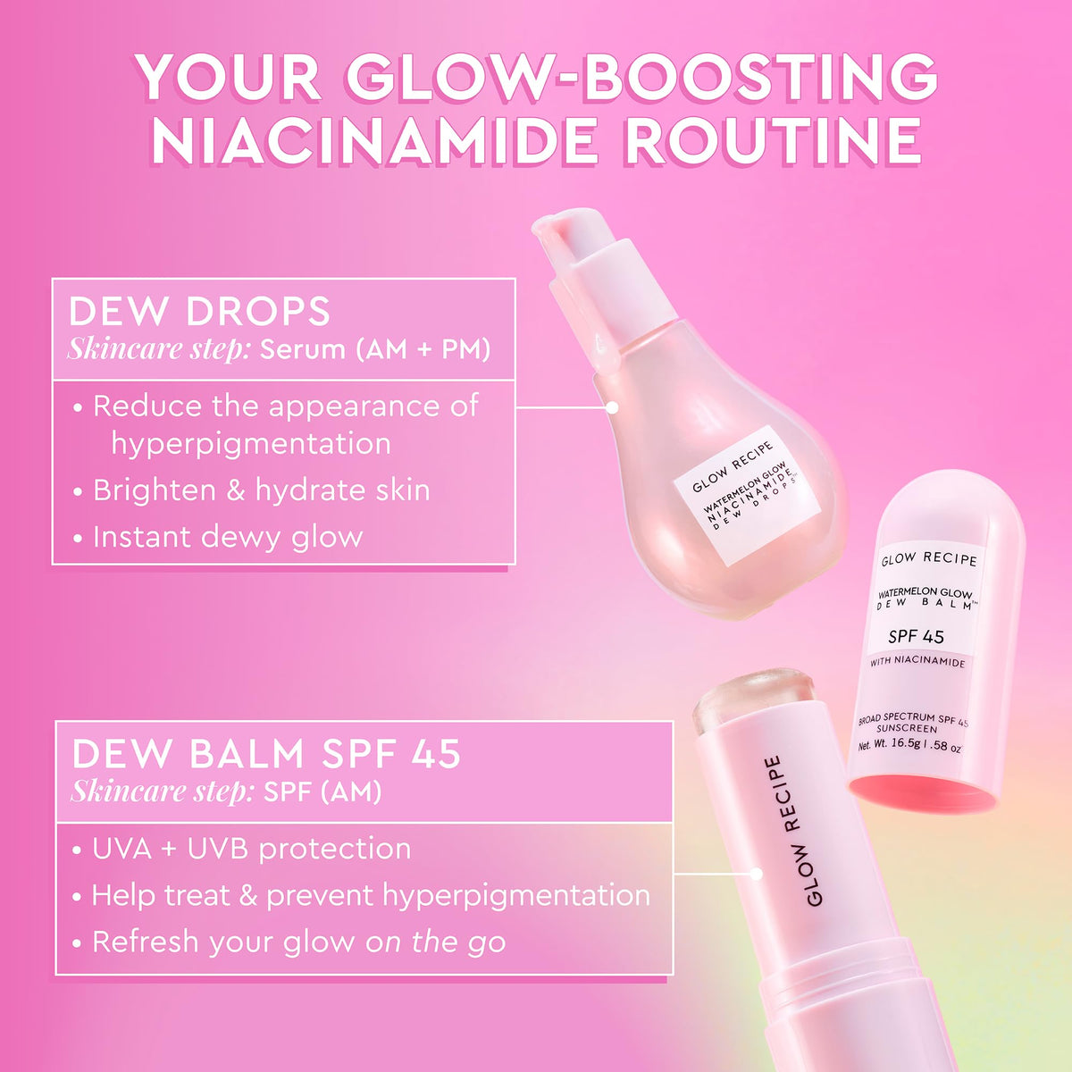 Glow Recipe ingredient icons highlighting hyaluronic acid and niacinamide