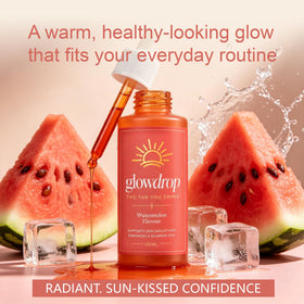glowdrop lifestyle summer setting with bottle near sunglasses suggesting radiant, on-the-go glow