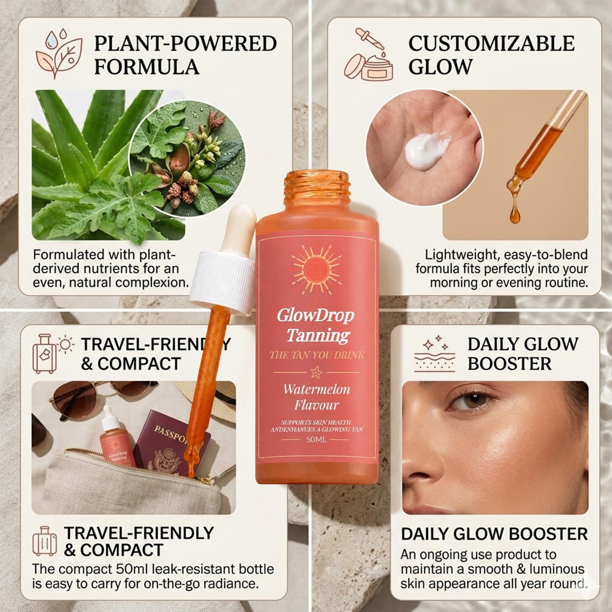 GlowDrop 50ml bottle next to passport to show travel-friendly portability