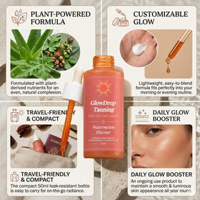 GlowDrop 50ml bottle next to passport to show travel-friendly portability