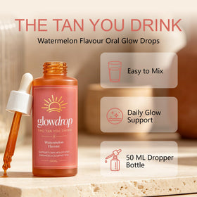 glowdrop texture drops in hand highlighting liquid clarity and lightweight formula for convenience