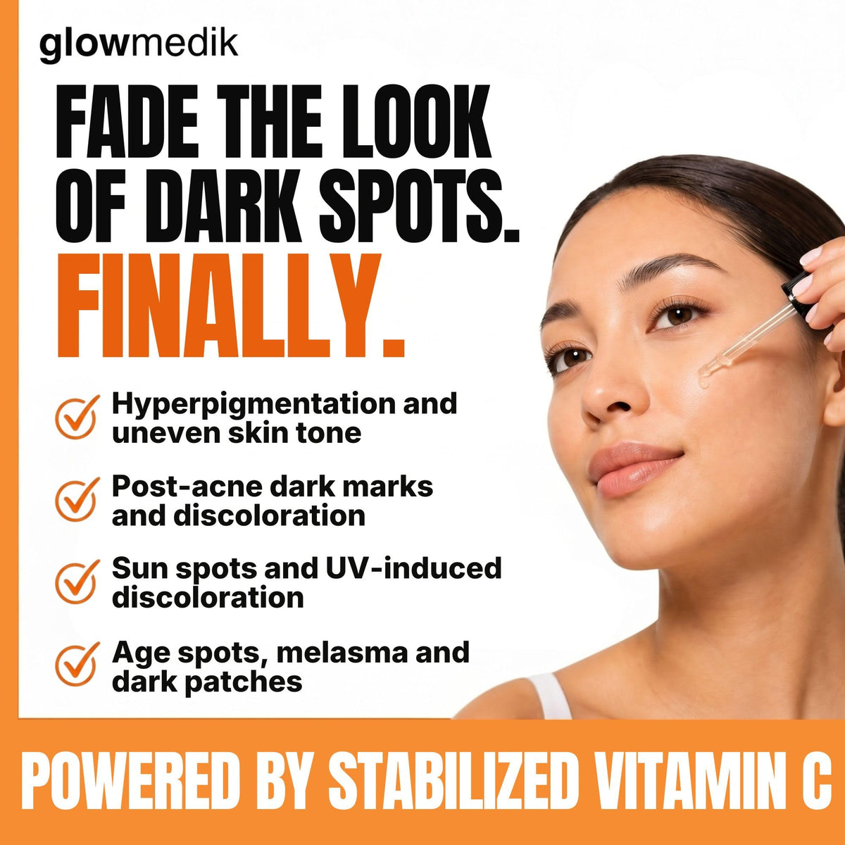 Glowmedik close-up of dropper dispensing serum, highlights lightweight texture